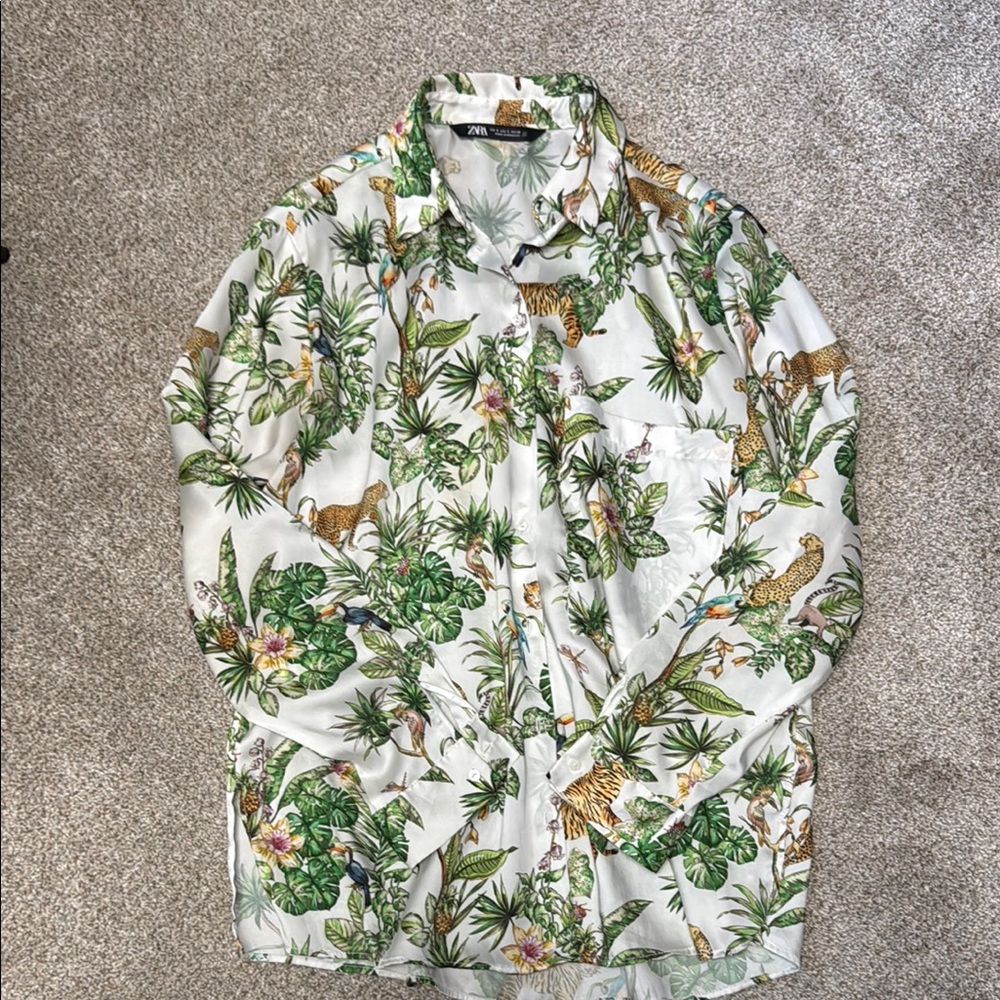 Zara Men's Jungle Print Shirt Jacket - White and Green